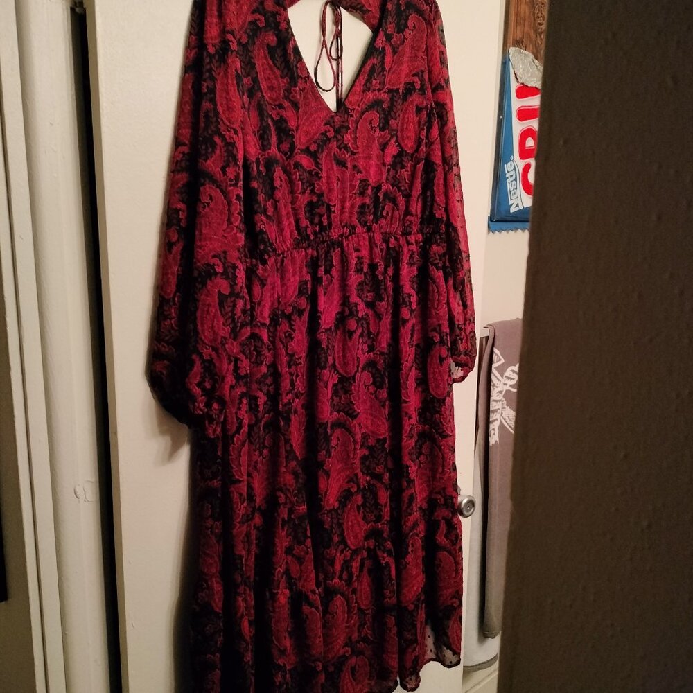 Torrid EUC Burgundy Paisley Chiffon Ruffle Maxi Boho 3X Prairie Dress w Pockets!